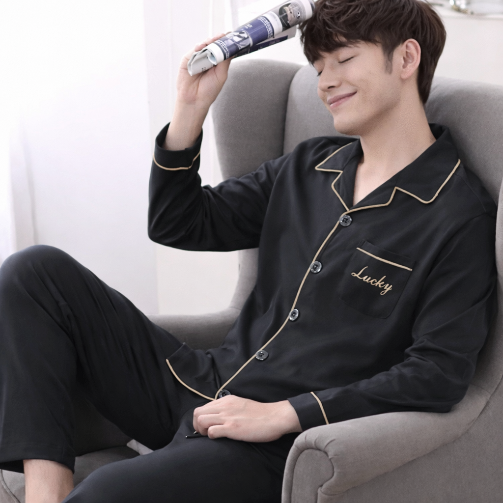 Pyjama Homme Léger – Ensemble 2 Pièces Manches Longues | Printemps & Automne | Coupe Décontractée Jeune