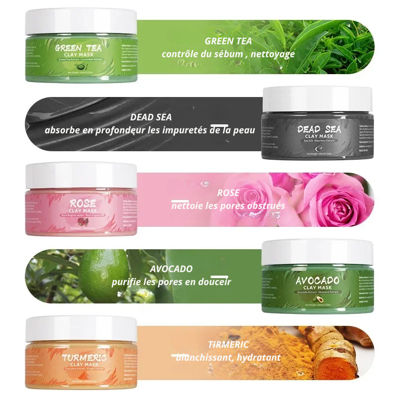 Masque Visage à l’Argile – Curcuma, Rose, Avocat, Thé Vert | Soin Purifiant & Éclat Naturel
