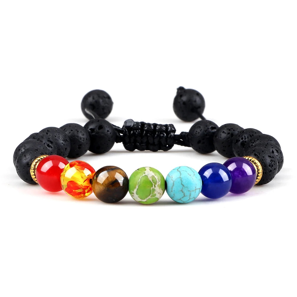Bracelets 7 Chakras en Pierres Naturelles & Lave – Lot de 2 Bijoux Reiki Ajustables