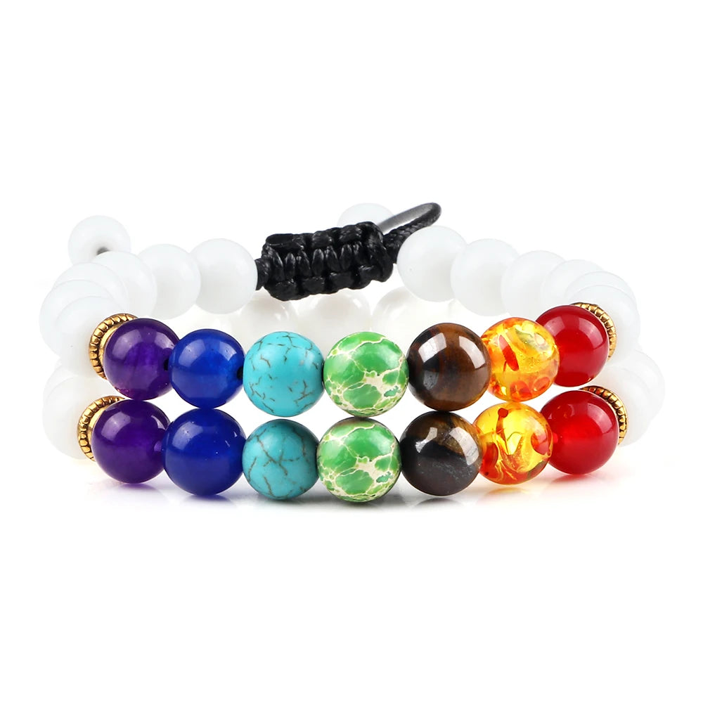 Bracelets 7 Chakras en Pierres Naturelles & Lave – Lot de 2 Bijoux Reiki Ajustables