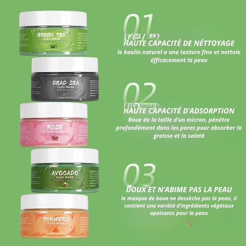 Masque Visage à l’Argile – Curcuma, Rose, Avocat, Thé Vert | Soin Purifiant & Éclat Naturel