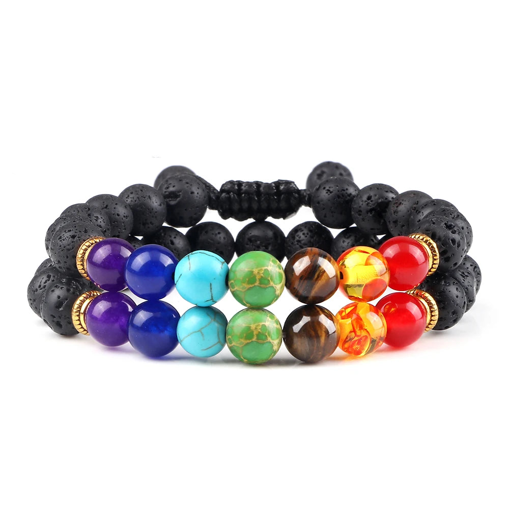 Bracelets 7 Chakras en Pierres Naturelles & Lave – Lot de 2 Bijoux Reiki Ajustables