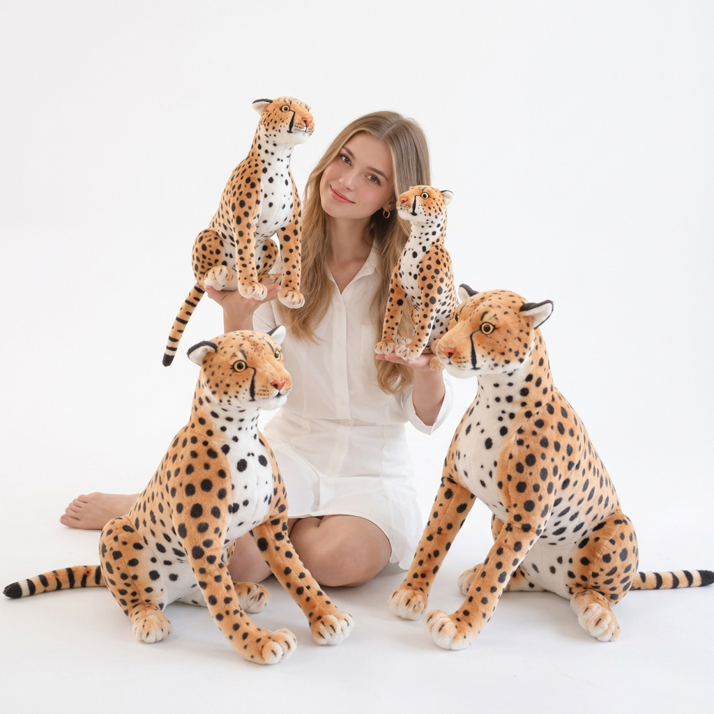 Peluches guépard réalistes assises en 4 tailles sur fond blanc