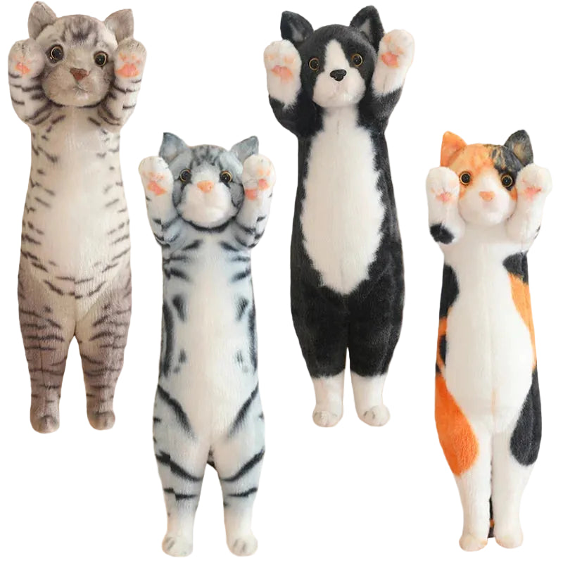 Peluches chat debout pattes levées : tigré, noir et blanc et calico