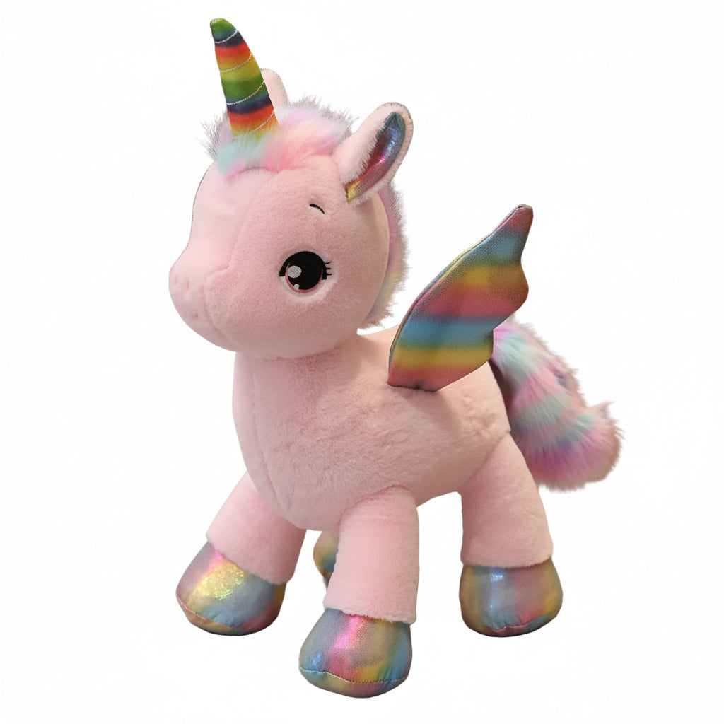 Peluche licorne rose debout, avec corne, ailes et sabots arc-en-ciel