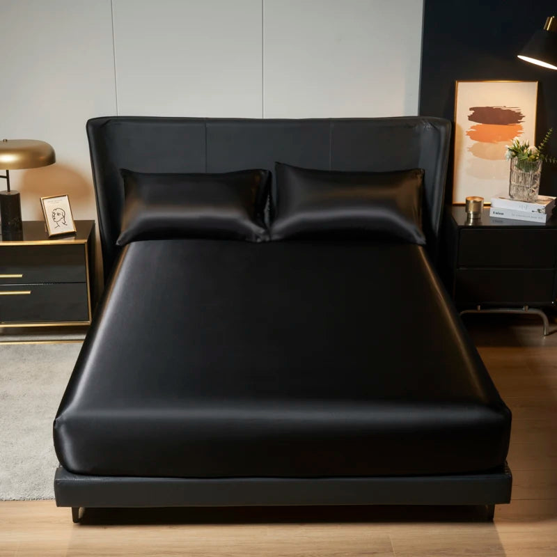 Parure de Lit Satinée 3 Pièces – Drap-Housse + 2 Taies | Finition Brillante 100% Polyester | Housse de Matelas Élastique