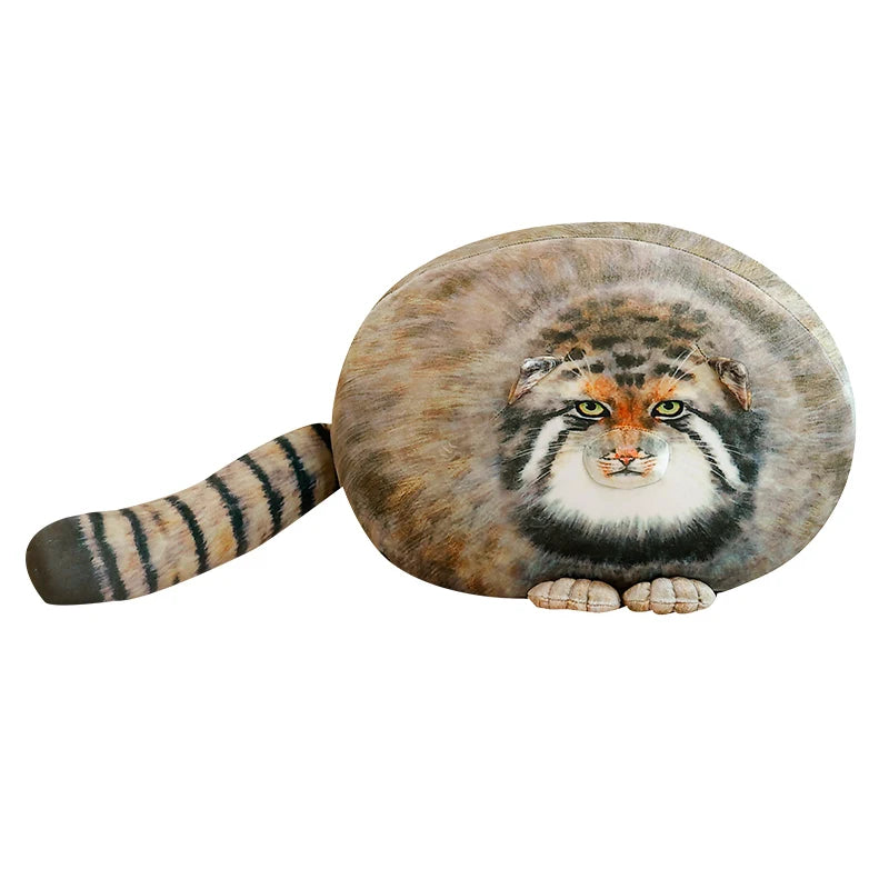 Peluche chat de Pallas, coussin manul gris réaliste avec sa queue rayée