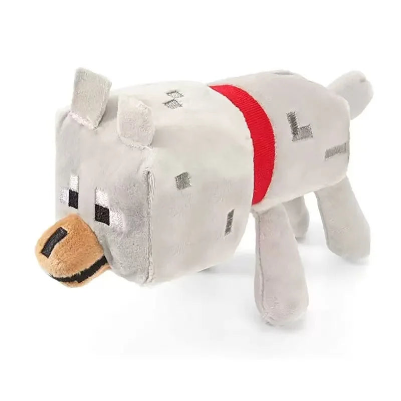 Peluche loup grise au style pixelisé, avec un collier rouge