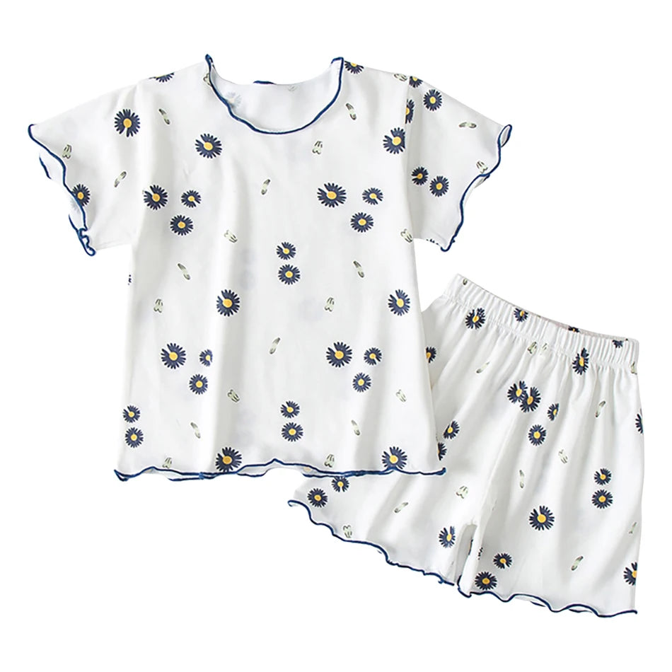 Pyjama Fille Été en Soie Glacée – Ensemble T-shirt & Pantalon Motif Cartoon | Léger, Confortable