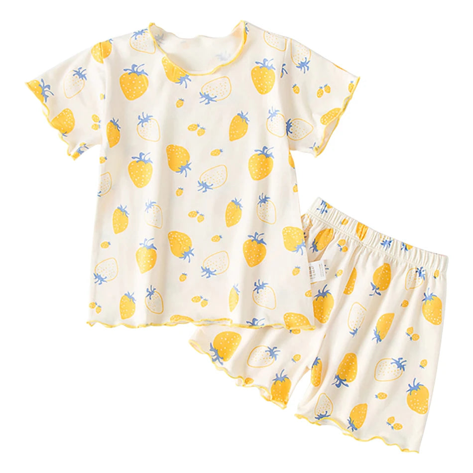 Pyjama Fille Été en Soie Glacée – Ensemble T-shirt & Pantalon Motif Cartoon | Léger, Confortable