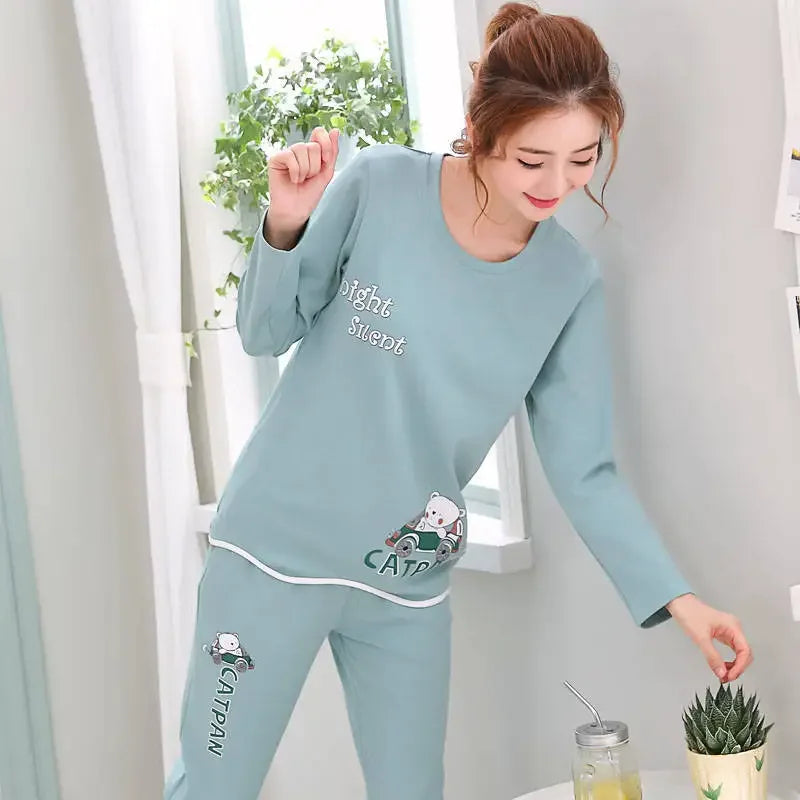 Pyjama Femme Léger Automne – Ensemble 2 Pièces Motif Ours & Chat Tasse | Haut à Col Rond & Pantalon Confort