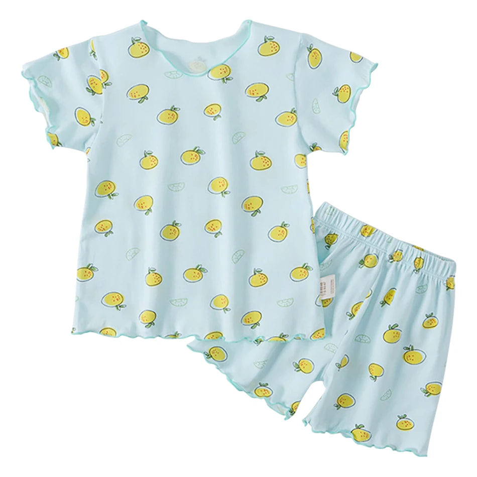 Pyjama Fille Été en Soie Glacée – Ensemble T-shirt & Pantalon Motif Cartoon | Léger, Confortable