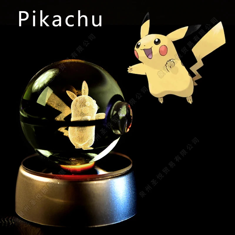Boule Pokémon Cristal 3D avec Lumière – Pikachu, Gengar, Mewtwo | Pokéball Lumineuse Cadeau Enfant