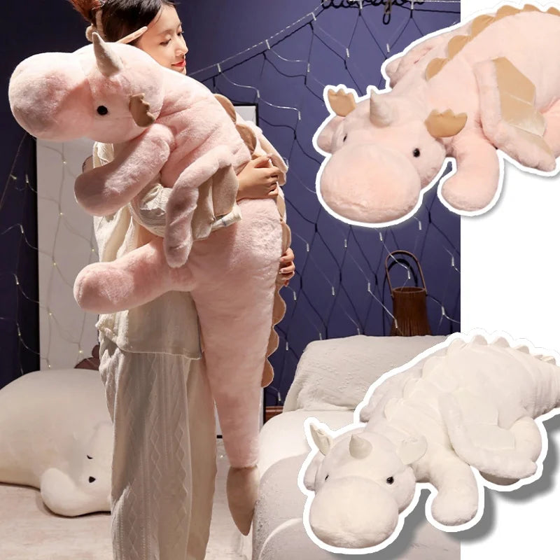 Peluche Dragon Géante Blanche – Ailes & Corne de Licorne (70-150 cm)