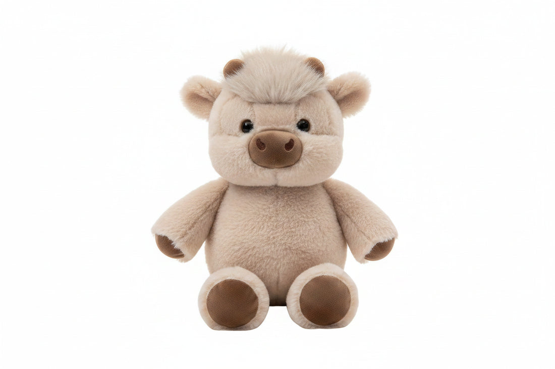Peluche vache Highland brune aux longues cornes, sur fond clair