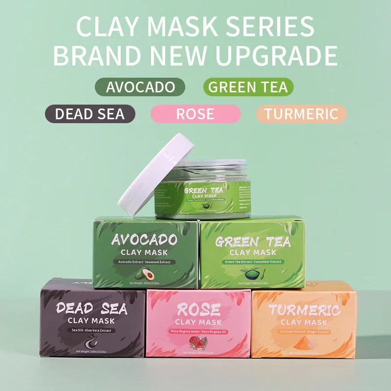 Masque Visage à l’Argile – Curcuma, Rose, Avocat, Thé Vert | Soin Purifiant & Éclat Naturel