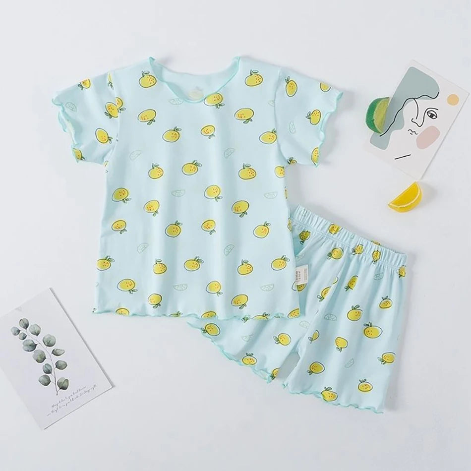 Pyjama Fille Été en Soie Glacée – Ensemble T-shirt & Pantalon Motif Cartoon | Léger, Confortable