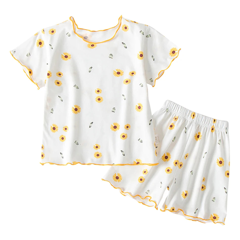 Pyjama Fille Été en Soie Glacée – Ensemble T-shirt & Pantalon Motif Cartoon | Léger, Confortable