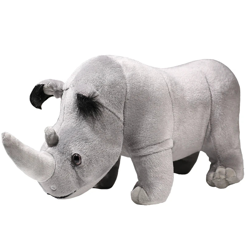 Peluche rhinocéros réaliste gris sur fond blanc
