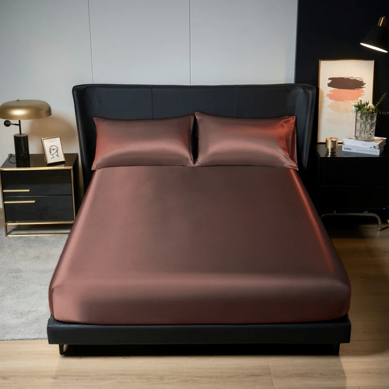 Parure de Lit Satinée 3 Pièces – Drap-Housse + 2 Taies | Finition Brillante 100% Polyester | Housse de Matelas Élastique