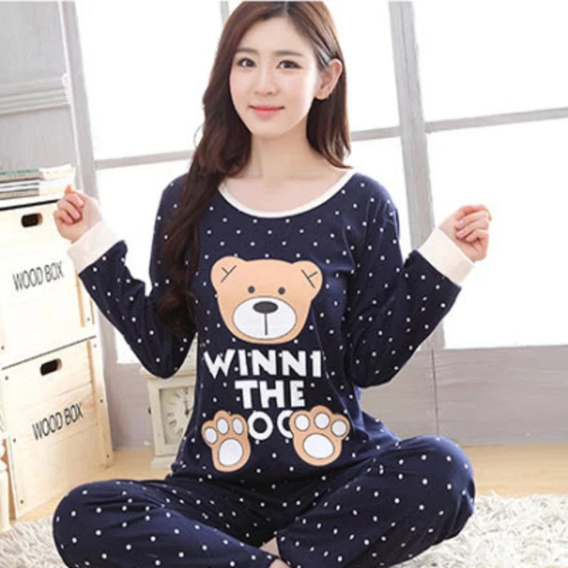 Pyjama Femme Léger Automne – Ensemble 2 Pièces Motif Ours & Chat Tasse | Haut à Col Rond & Pantalon Confort