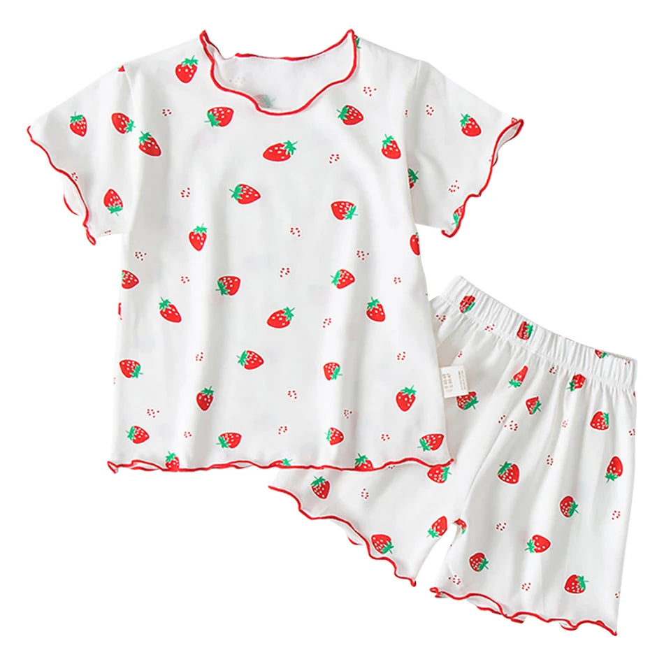 Pyjama Fille Été en Soie Glacée – Ensemble T-shirt & Pantalon Motif Cartoon | Léger, Confortable