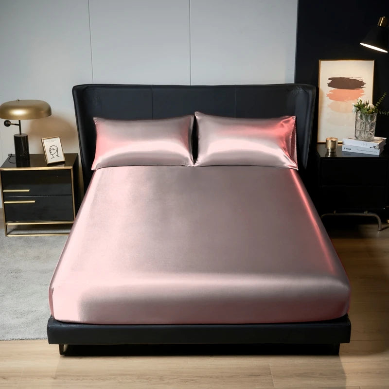 Parure de Lit Satinée 3 Pièces – Drap-Housse + 2 Taies | Finition Brillante 100% Polyester | Housse de Matelas Élastique