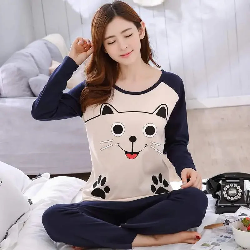 Pyjama Femme Léger Automne – Ensemble 2 Pièces Motif Ours & Chat Tasse | Haut à Col Rond & Pantalon Confort