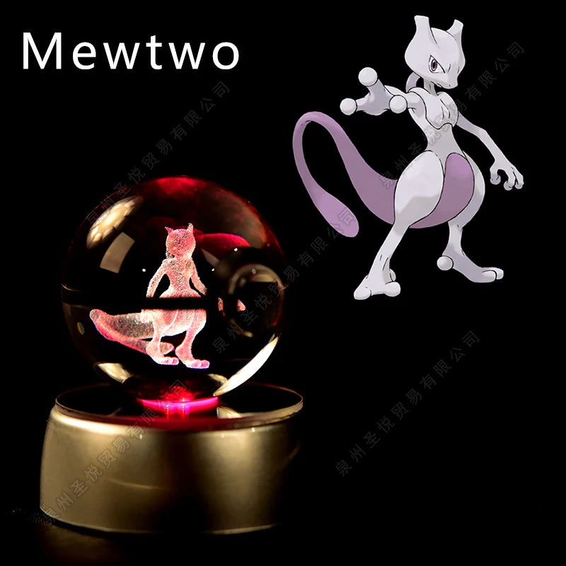 Boule Pokémon Cristal 3D avec Lumière – Pikachu, Gengar, Mewtwo | Pokéball Lumineuse Cadeau Enfant