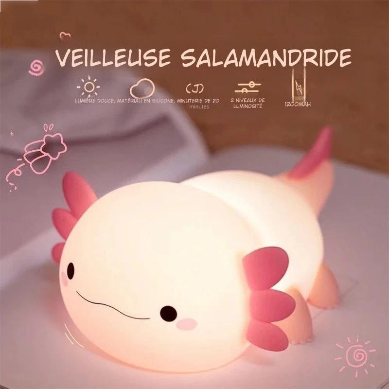 Veilleuse Axolotl Silicone Tactile – Lampe USB Rechargeable pour Enfants & Bébés | Lumière Douce & Apaisante