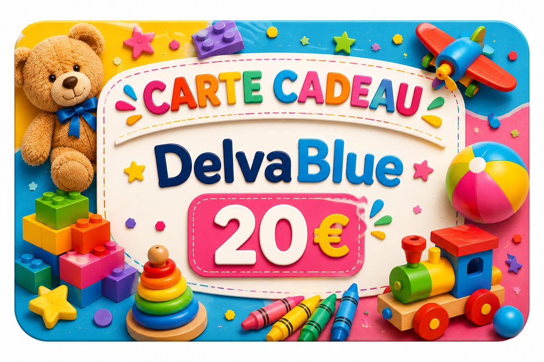 Carte cadeau DelvaBlue de 20 €, illustrée d'un ours en peluche et de jouets colorés