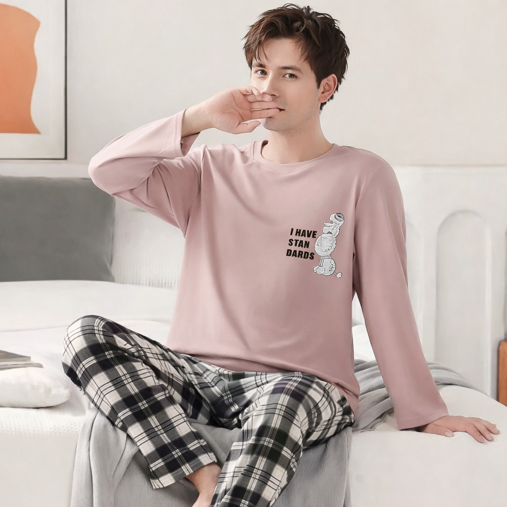 Pyjamas Homme – Manches Longues, Rayures & Motif Cartoon