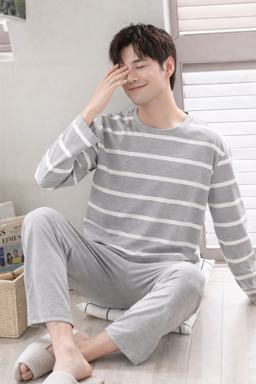 Pyjamas Homme – Manches Longues, Rayures & Motif Cartoon