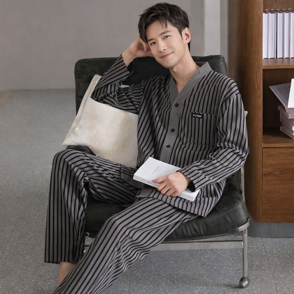 Pyjama Homme Léger – Ensemble 2 Pièces Manches Longues | Printemps & Automne | Coupe Décontractée Jeune