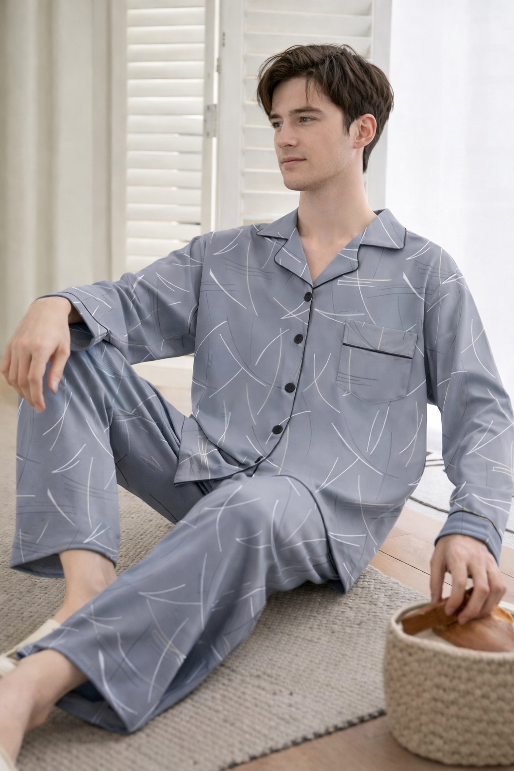 Pyjama Homme Léger – Ensemble 2 Pièces Manches Longues | Printemps & Automne | Coupe Décontractée Jeune