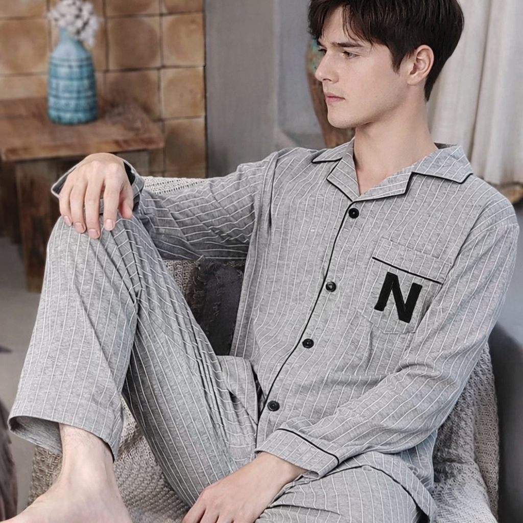 Pyjama Homme Léger – Ensemble 2 Pièces Manches Longues | Printemps & Automne | Coupe Décontractée Jeune