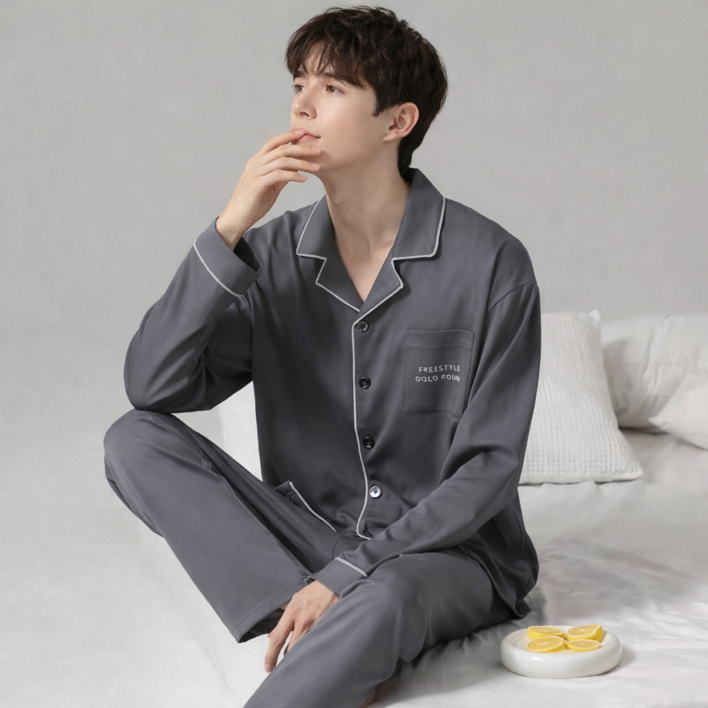 Pyjama Homme Léger – Ensemble 2 Pièces Manches Longues | Printemps & Automne | Coupe Décontractée Jeune