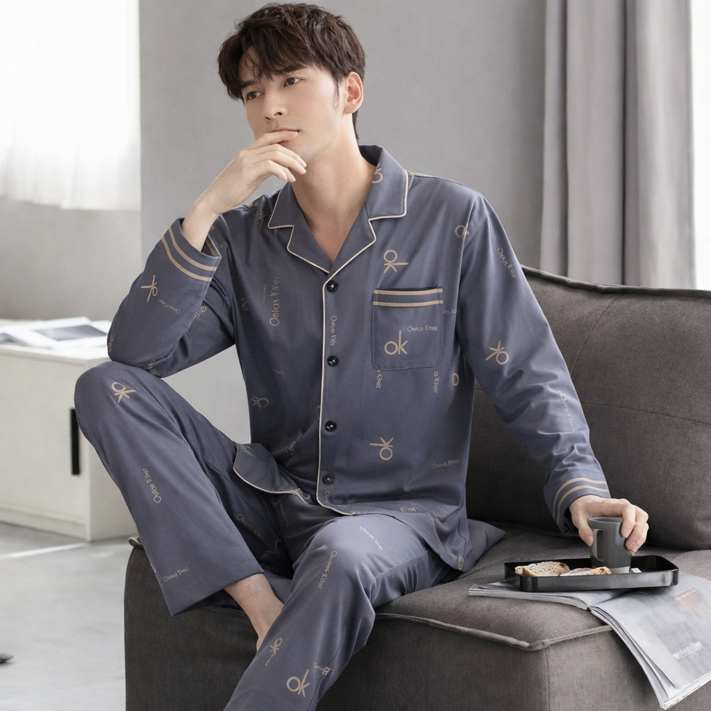 Pyjama Homme Léger – Ensemble 2 Pièces Manches Longues | Printemps & Automne | Coupe Décontractée Jeune