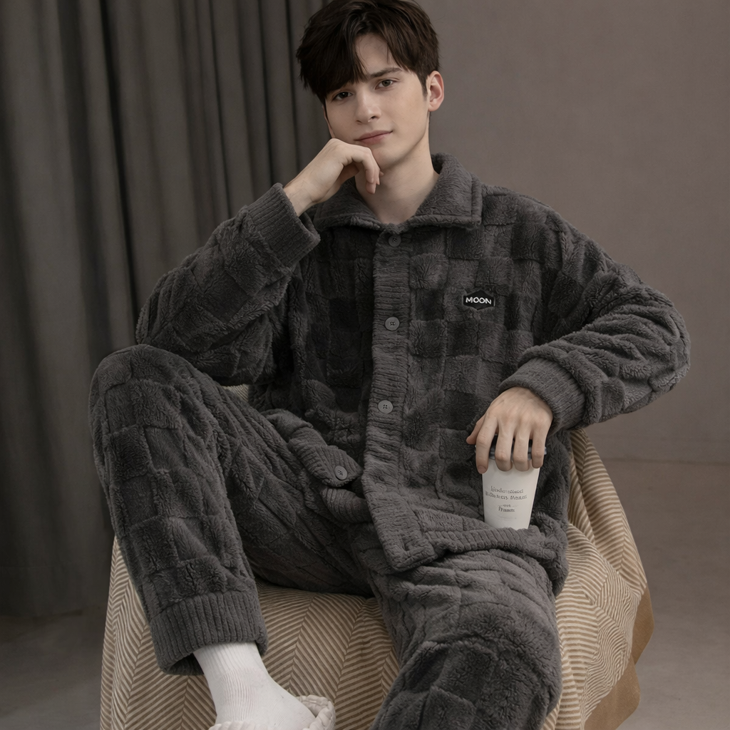 Pyjama Homme Hiver Épais – Ensemble 2 Pièces en Polaire Coral Fleece | Manches Longues & Pantalon Chaud