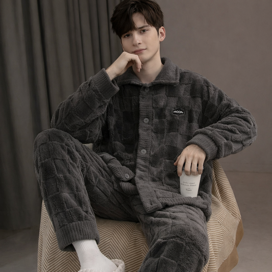 Pyjama Homme Hiver Épais – Ensemble 2 Pièces en Polaire Coral Fleece | Manches Longues & Pantalon Chaud