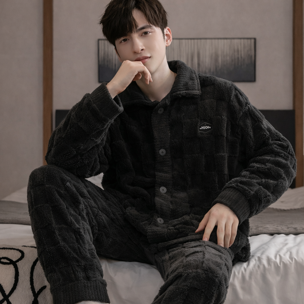 Pyjama Homme Hiver Épais – Ensemble 2 Pièces en Polaire Coral Fleece | Manches Longues & Pantalon Chaud