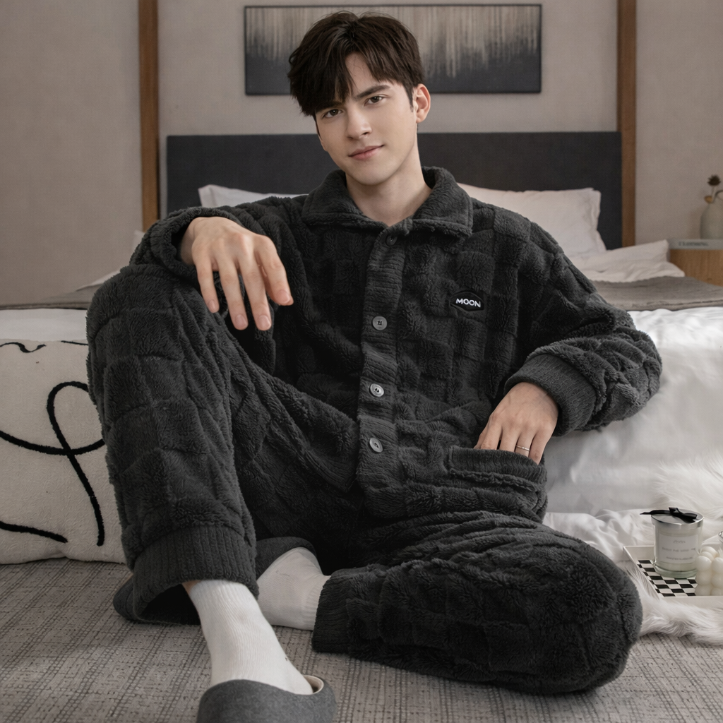 Pyjama Homme Hiver Épais – Ensemble 2 Pièces en Polaire Coral Fleece | Manches Longues & Pantalon Chaud