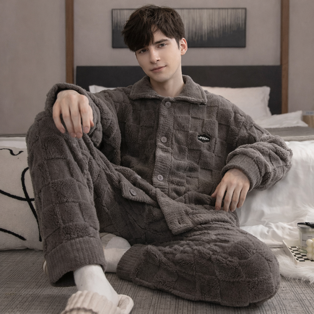 Pyjama Homme Hiver Épais – Ensemble 2 Pièces en Polaire Coral Fleece | Manches Longues & Pantalon Chaud