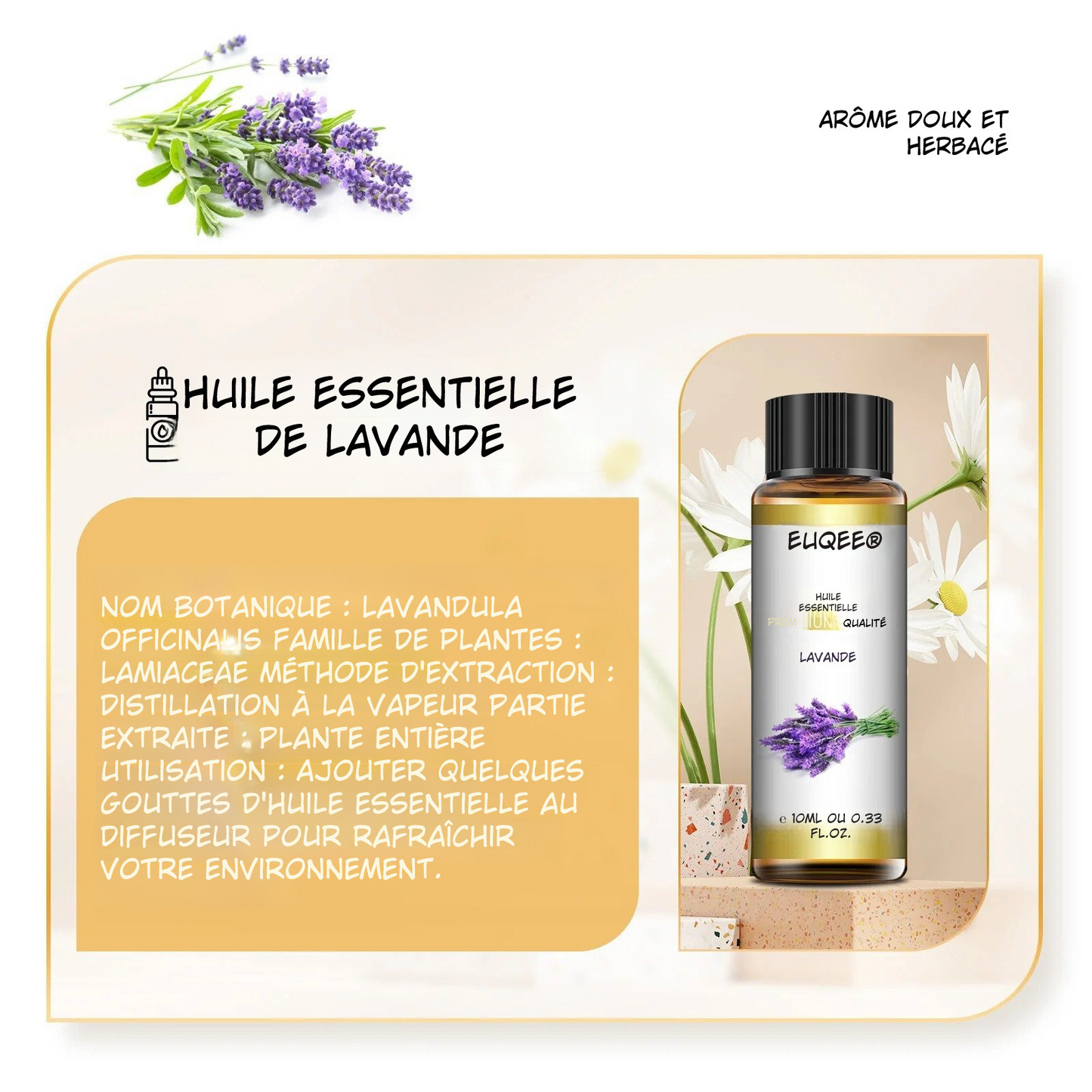 Huile Essentielle 100 % Naturelle EUQEE 10 ml – Lavande, Eucalyptus, Vanille, Agrumes & Plus