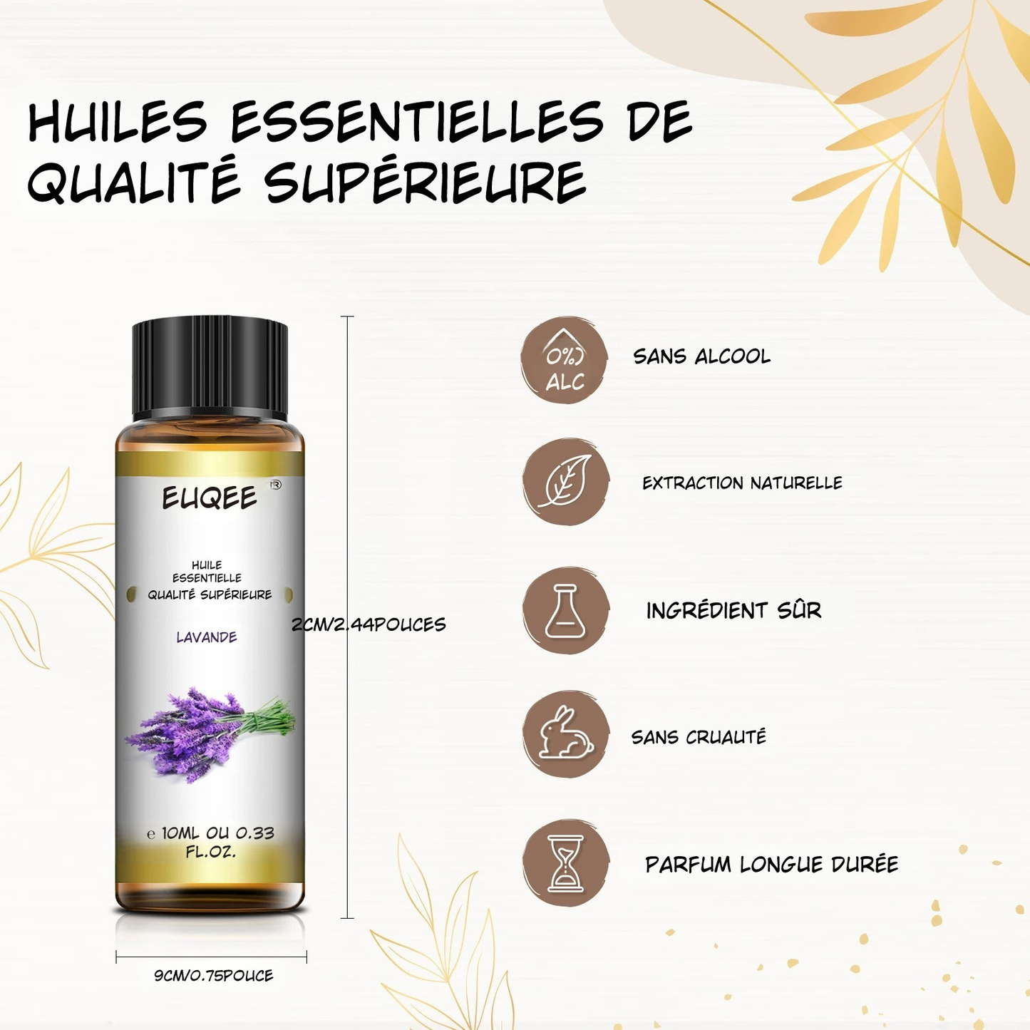 Huile Essentielle 100 % Naturelle EUQEE 10 ml – Lavande, Eucalyptus, Vanille, Agrumes & Plus