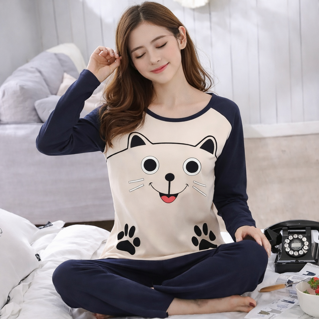 Pyjama Femme Léger Automne – Ensemble 2 Pièces Motif Ours & Chat Tasse | Haut à Col Rond & Pantalon Confort