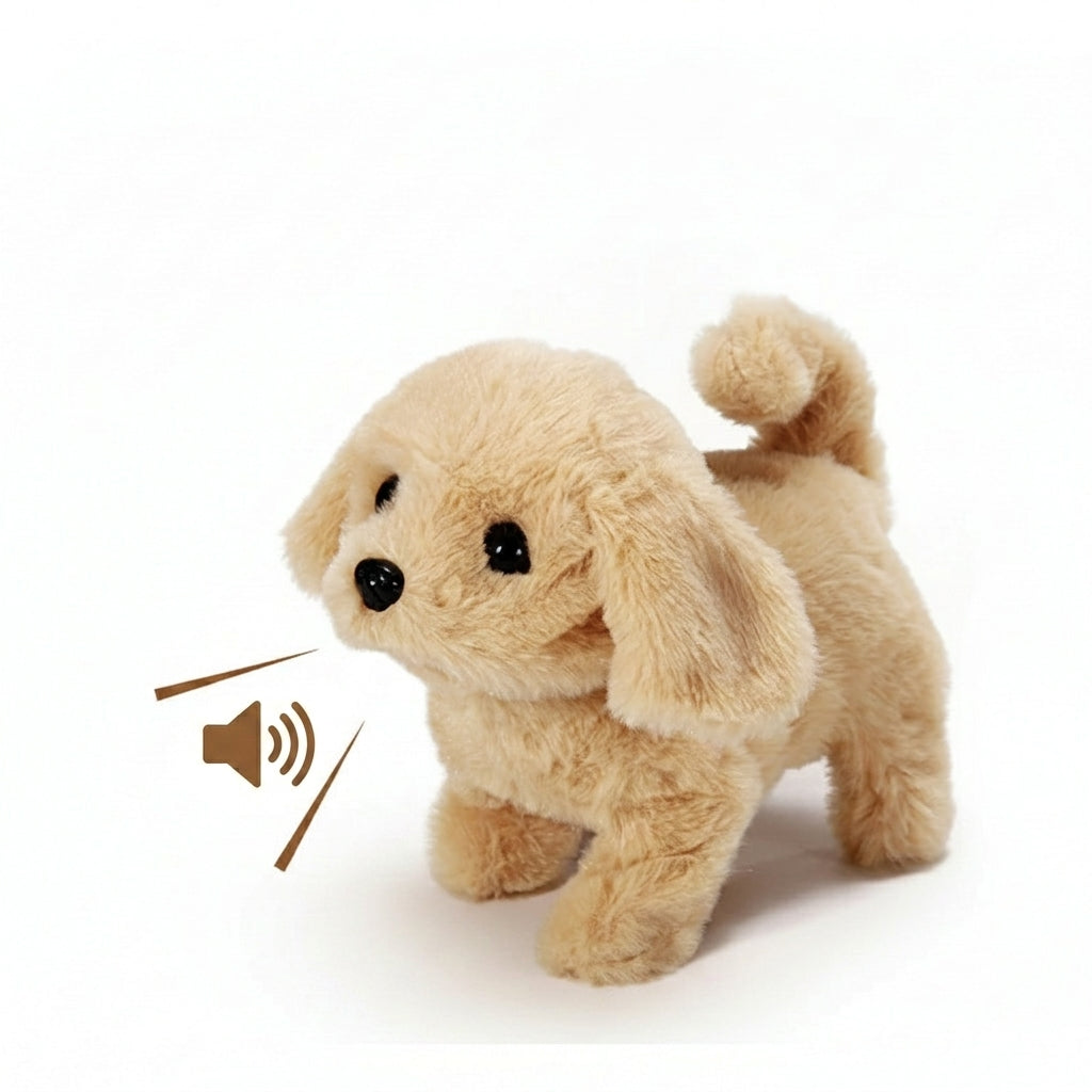 Peluche chien interactif beige en train de marcher, avec un pictogramme de son