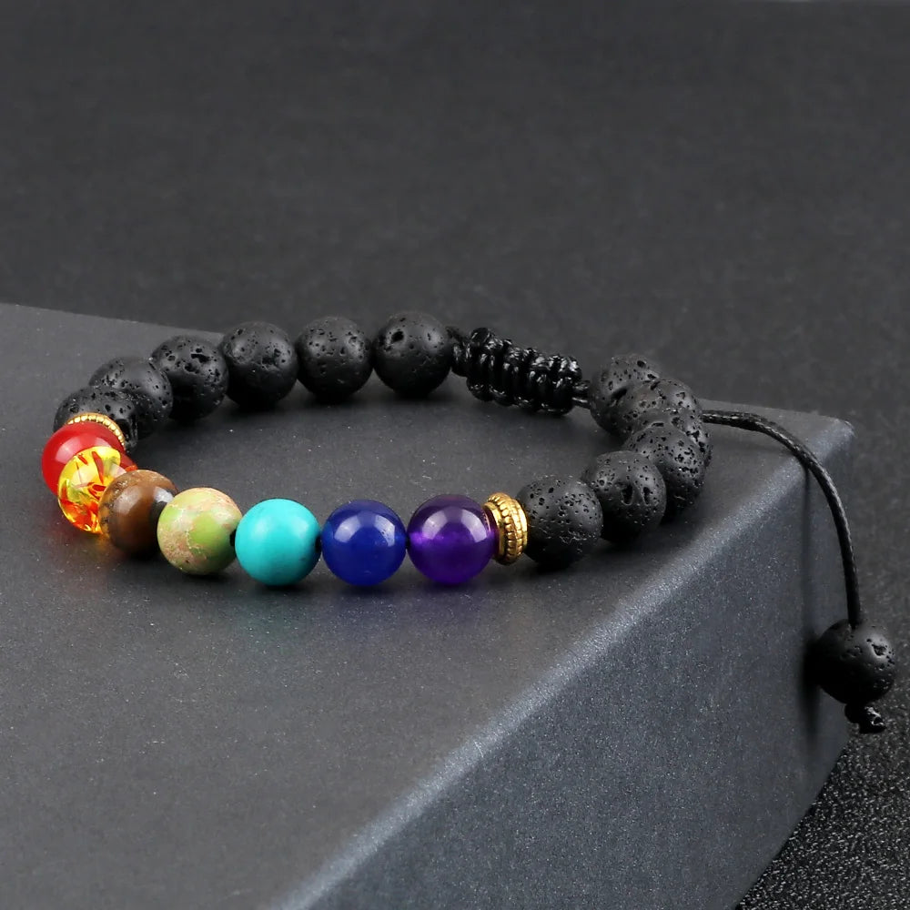Bracelets 7 Chakras en Pierres Naturelles & Lave – Lot de 2 Bijoux Reiki Ajustables