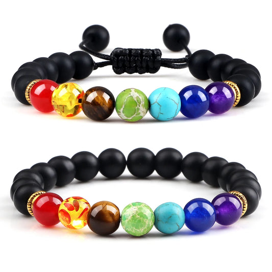 Bracelets 7 Chakras en Pierres Naturelles & Lave – Lot de 2 Bijoux Reiki Ajustables