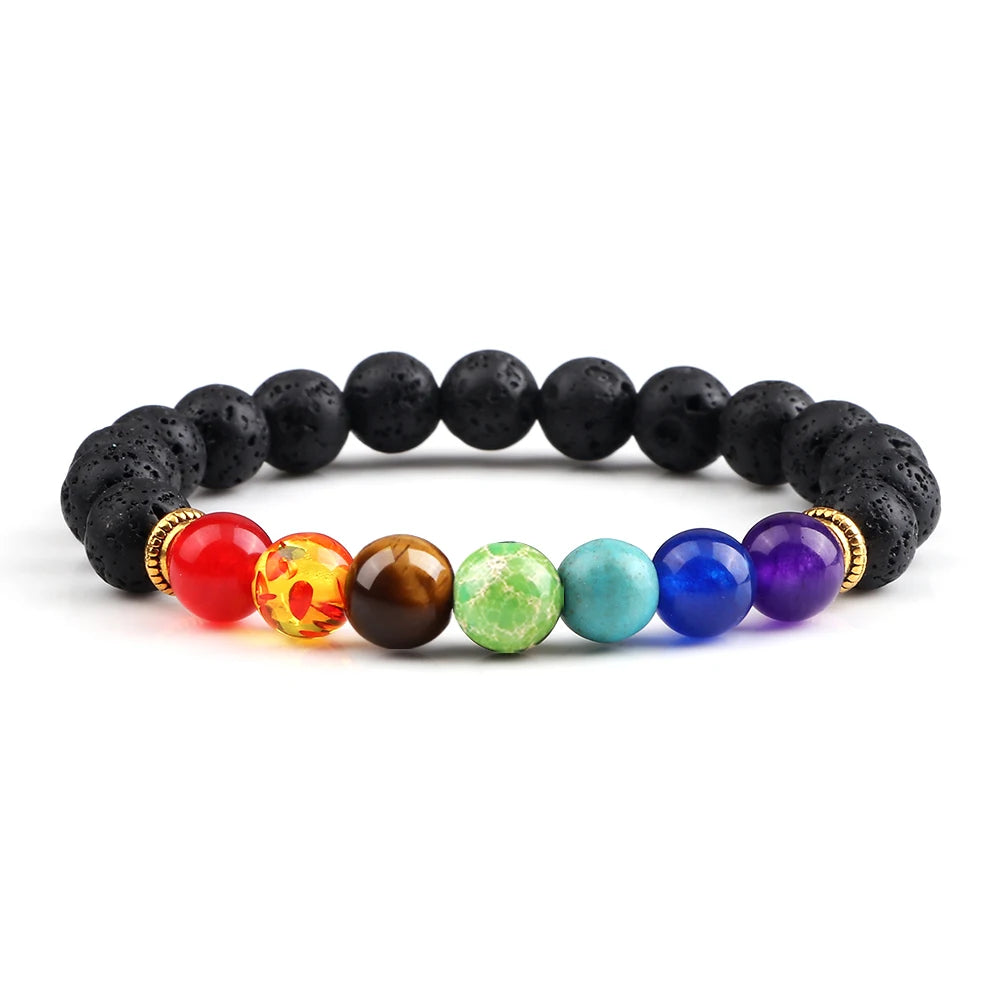 Bracelets 7 Chakras en Pierres Naturelles & Lave – Lot de 2 Bijoux Reiki Ajustables
